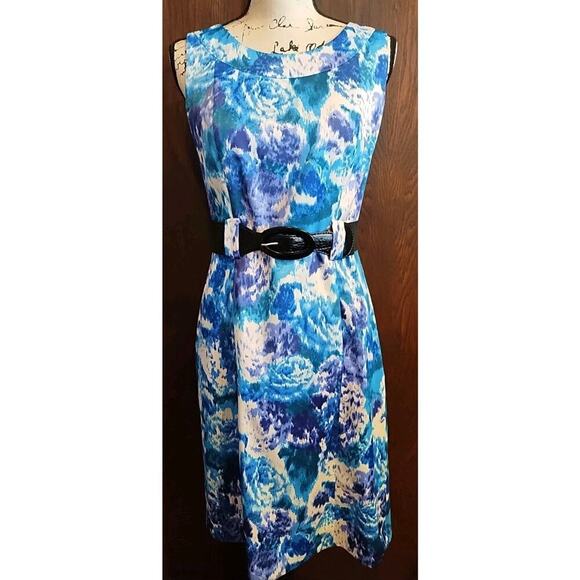 DRESSBARN Size 6 Sleeveless Blue Purple FLORAL SHEATH DRESS stretch black BELT - Picture 1 of 7